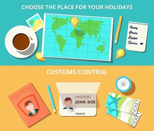 Airport horizontal banner set with world map and customs control elements isolated vector illustration