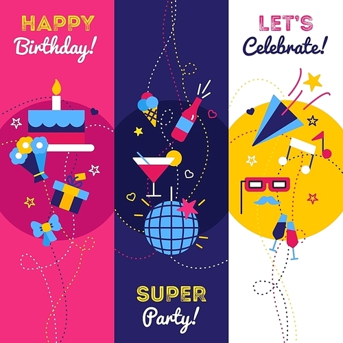 Celebration party and birthday banners with gifts petard bottle of champagne and cake with candles isolated vector illustration