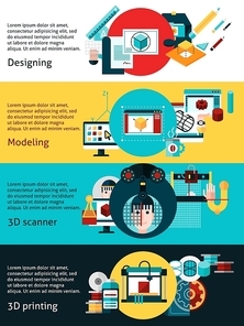 Prototyping flat horizontal banners with desining cad modeling and 3d printing icons set vector illustration