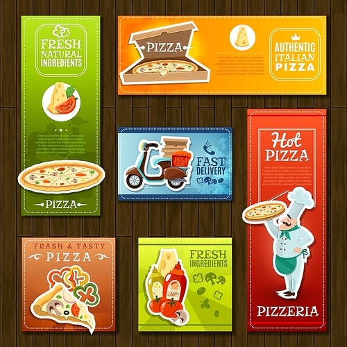 Pizza cartoon banners set with pizzeria symbols on wooden background isolated vector illustration