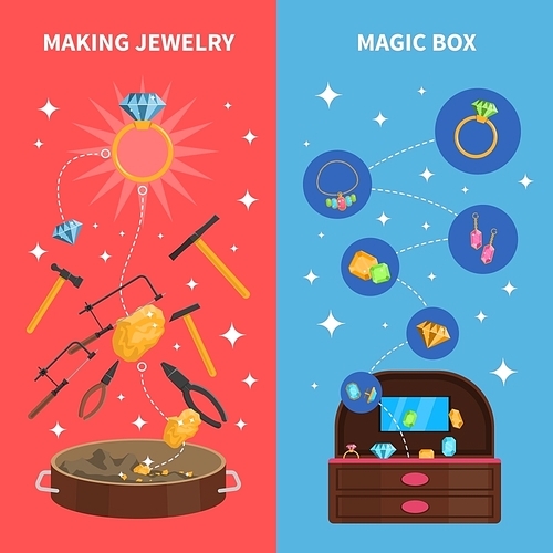 Making jewelry vertical banners set with magic jewel box flat isolated vector illustration