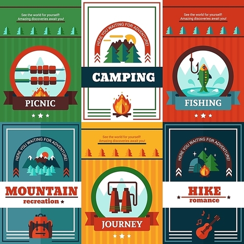 Camping poster set with hiking fishing camping and mountain recreation advertising flat vector illustration