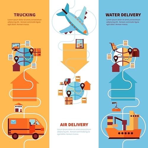 Logistics vertical flat banners set of trucking by earth air and water delivery design compositions vector illustration