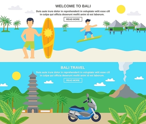 Bali travel banners surfing and sightseeing isolated vector illustration