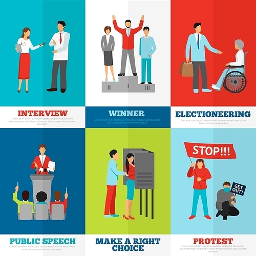Elections and politics banners set with interview public speech and protest symbols flat isolated vector illustration