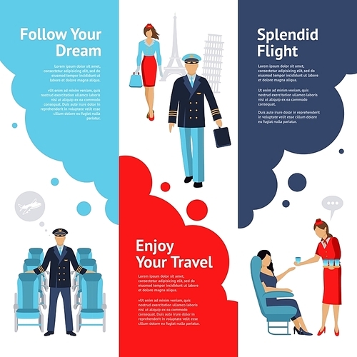 Stewardess and pilot vertical banners set with flight comfort symbols flat isolated vector illustration