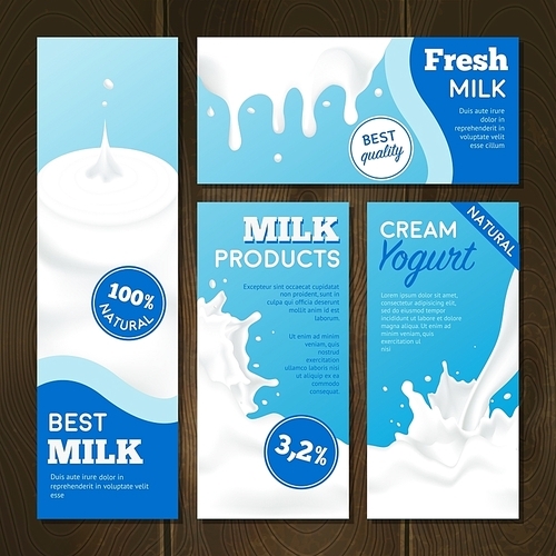 Milk products realistic banners set with splashes on wooden background isolated vector illustration