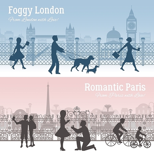 Foggy London and romantic Paris horizontal silhouette banners set flat isolated vector illustration