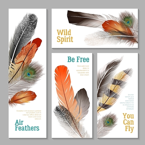 Feathers realistic banners set with wild spirit symbols realistic isolated vector illustration