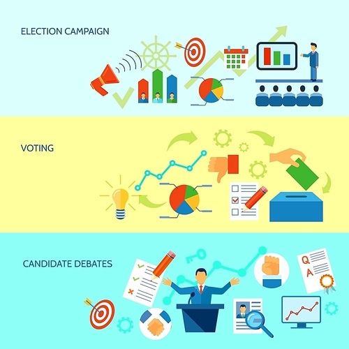 Election campaign debate and voting  process diagramm banner set in yellow and blue background  vector illustration