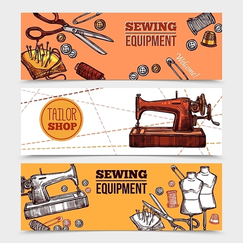 Vintage sewing banners with tailor tools mannequins and sewing machine in hand drawn style vector illustration