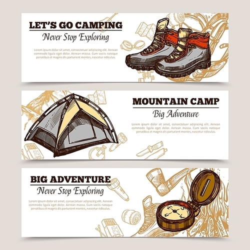 Horizontal tourism banners set presenting lets go camping mountain camp and big adventure hand drawn vector illustration