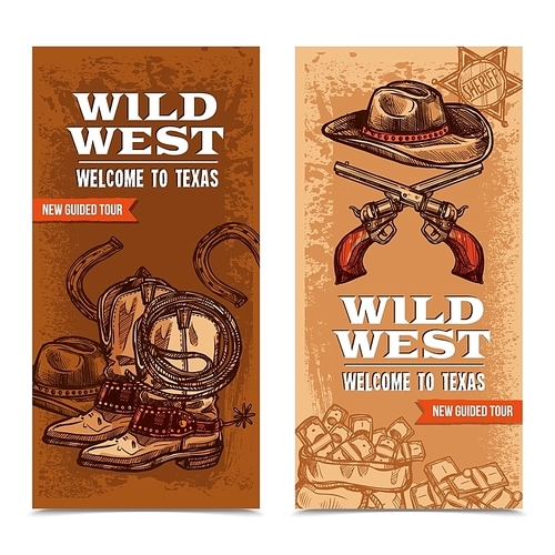 Wild west vertical banners with cowboy accessories and crossed pistols on template background hand drawn vector illustration