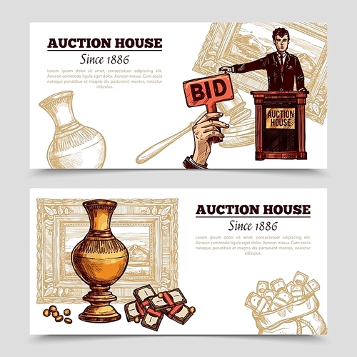 Auction house horizontal banners with manager and rare vase on auction theme background sketch doodle vector illustration