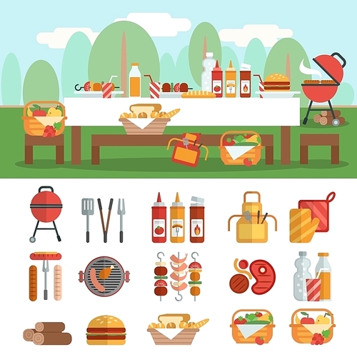 BBQ party horizontal banner set with grilled food flat isolated vector illustration