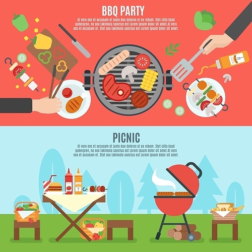 BBQ party horizontal banner set with outdoor picnic elements isolated vector illustration