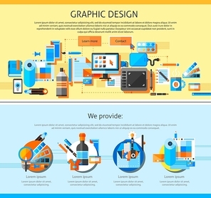 Graphic art page design with advertising symbols flat isolated vector illustration