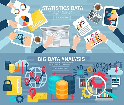 Big data analysis and database statistic systems 2 flat banners with computers laptops abstract isolated illustration vector