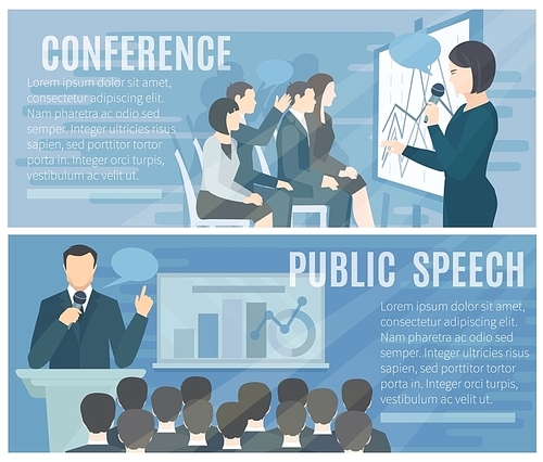 Public speech to live audience and successful conference presentations 2 flat banners composition poster abstract isolated illustration vector