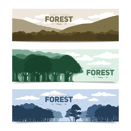 Tree forest banners set with different nature scene isolated vector illustration