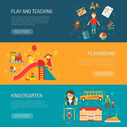 Horizontal banners presenting kindergarten itself play and teaching with boy and playground with playing children flat vector illustration