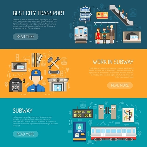 Horizontal underground banners presenting subway advertising it like best city transport and work in subway flat vector illustration