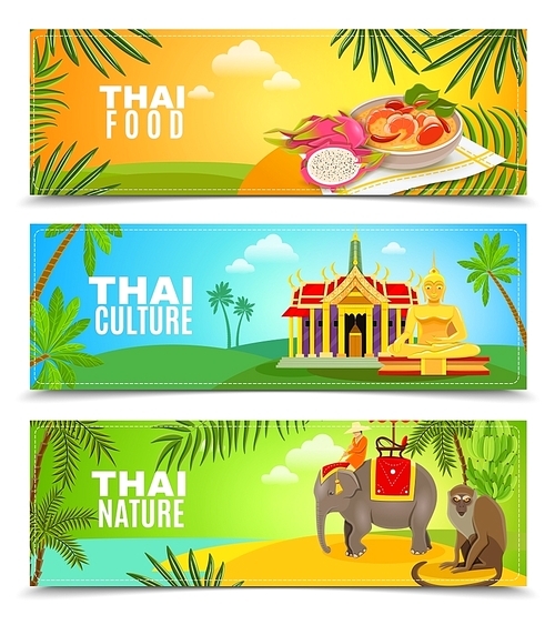 Thailands food nature and culture flat horizontal banner set for web design and presentation vector illustration