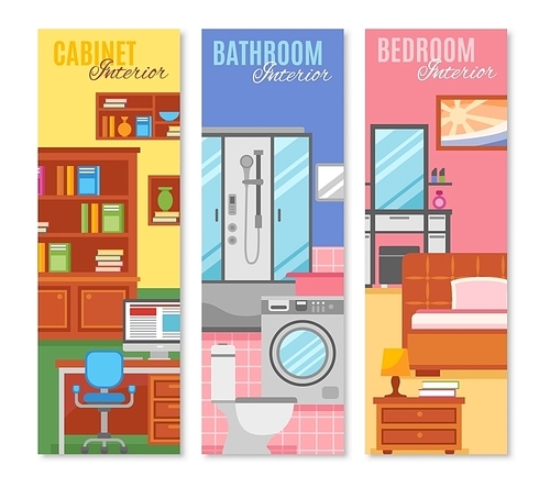 Three Vertical banners with abstract square shaped  interior furniture vector illustration
