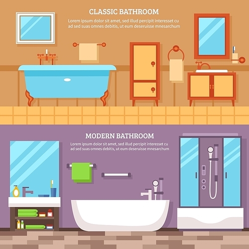 Interior furniture of the bathroom in classic and modern style banner set vector illustration