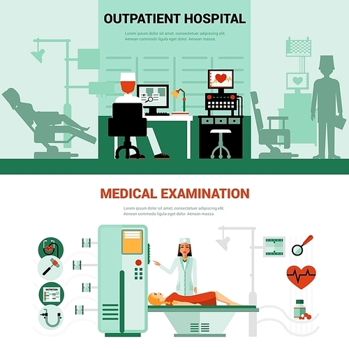 Medical specialists banners with scenes of outpatient hospital and medical examination isolated vector illustration