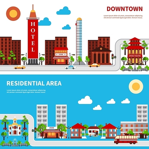 City districts banners with downtown and residential houses isolated vector illustration