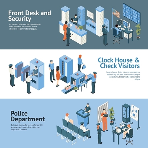 Police department horizontal banners set with clock house and check visitors symbols isometric isolated vector illustration