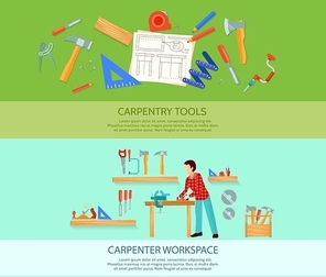 Two carpentry works flat banners set with carpentry tools vector illustration