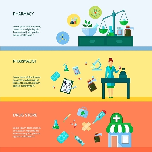 Three flat horizontal banner set with pharmaceutical attributes pharmacist and drugstore vector illustration