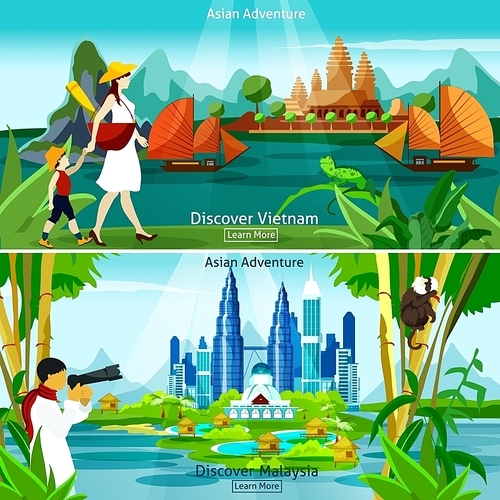 Vietnam and malaysia travel flat colorful compositions with modern and historical asian architecture and tourists at exotic background vector illustration