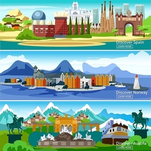 Panoramic views horizontal banners of the main attractions of European tourist cities in Spain Norway and Austria vector illustration