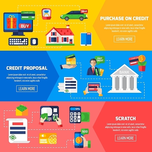 Loan debt horizontal banners with advertising of credit proposals and information about purchase on credit flat vector illustration