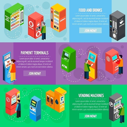 Vending food and drinks dispensers isometric banners set with payment and tickets selling machines isolated vector illustration