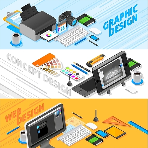 Graphic design isometric horizontal banners set with web design symbols isolated vector illustration