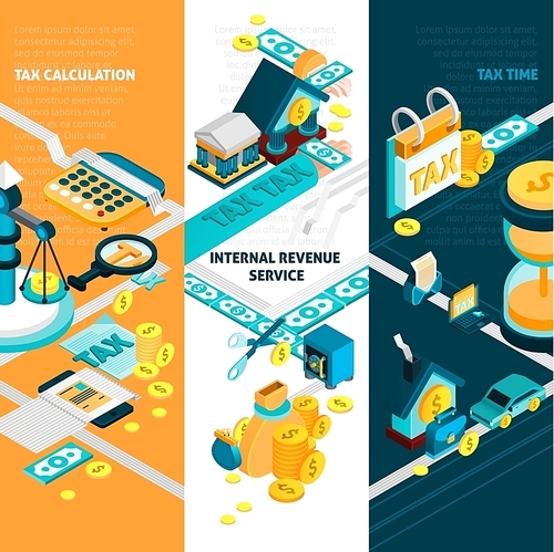 Tax isometric vertical banners set with internal revenue service symbols isolated vector illustration
