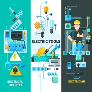 Electricity vertical banners set with electric circuitry symbols flat isolated vector illustration