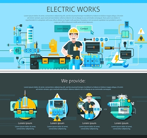 Electrician one page design with advertising symbols flat vector illustration
