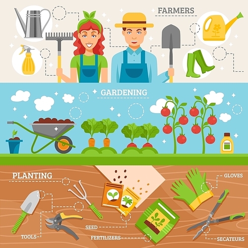 Farmers preparing garden for planting 3 flat horizontal banners set with tools and seeds abstract isolated vector illustration