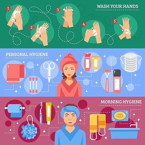 Morning personal hygiene and hands washing procedure inforaphic elements 3 flat banners set abstract isolated vector illustration