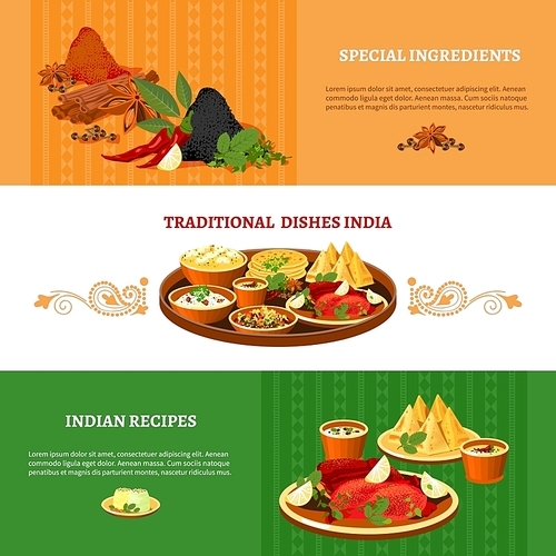 Indian cuisine 3 flat banners set with traditional dishes with special ingredients recipes abstract isolated vector illustration