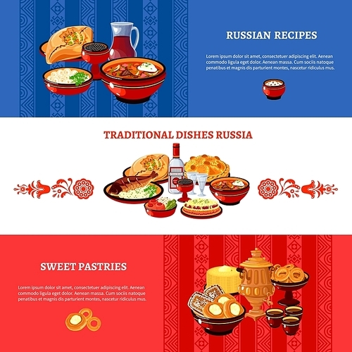 Russian cuisine flat national flag colors horizontal banners set with traditional dishes and pastry recipes abstract vector illustration
