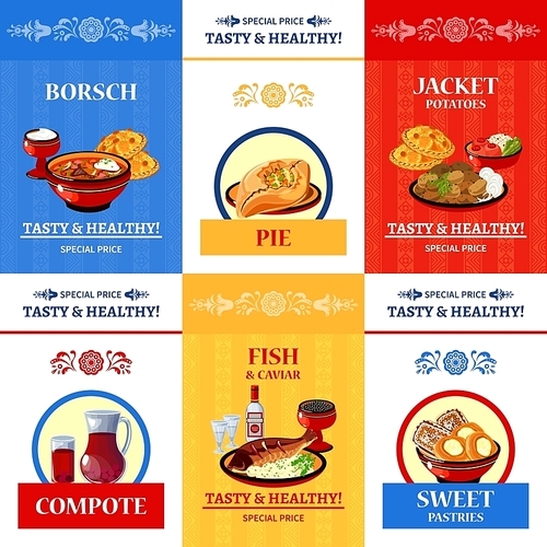 Russian cuisine special offer flat icons composition poster with fish and caviar main dish abstract isolated vector illustration