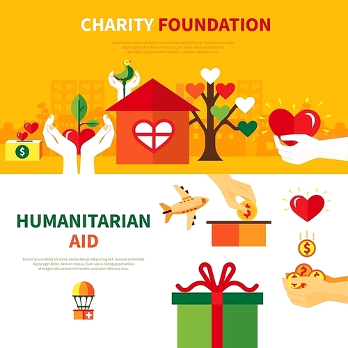 Charity foundations for humanitarian aid 2 flat horizontal banners set with heart and donation symbols abstract vector illustration