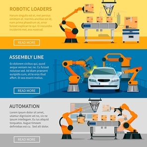 Automation horizontal banners set with assembly line and robotic loaders symbols flat isolated vector illustration