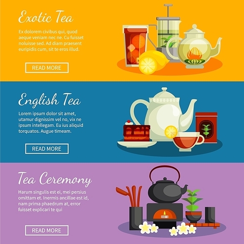 Tea horizontal banners set with English and exotic tea symbols flat isolated vector illustration